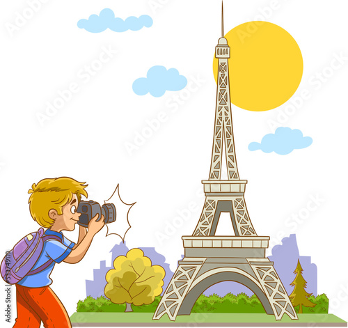 photographer boy takes photo of eiffel tower