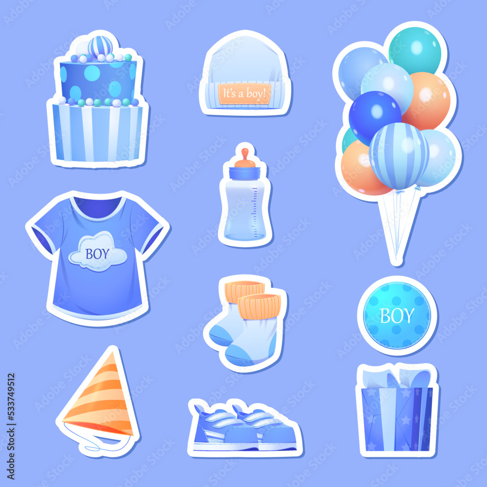 Vector stickers collection for gender party. It's a boy stickerpak. Cards for boy on blue background, gender reveal baby shower Vector stickers collection for gender party. It's a boy stickerpak. Cards for boy on blue background, gender reveal baby shower