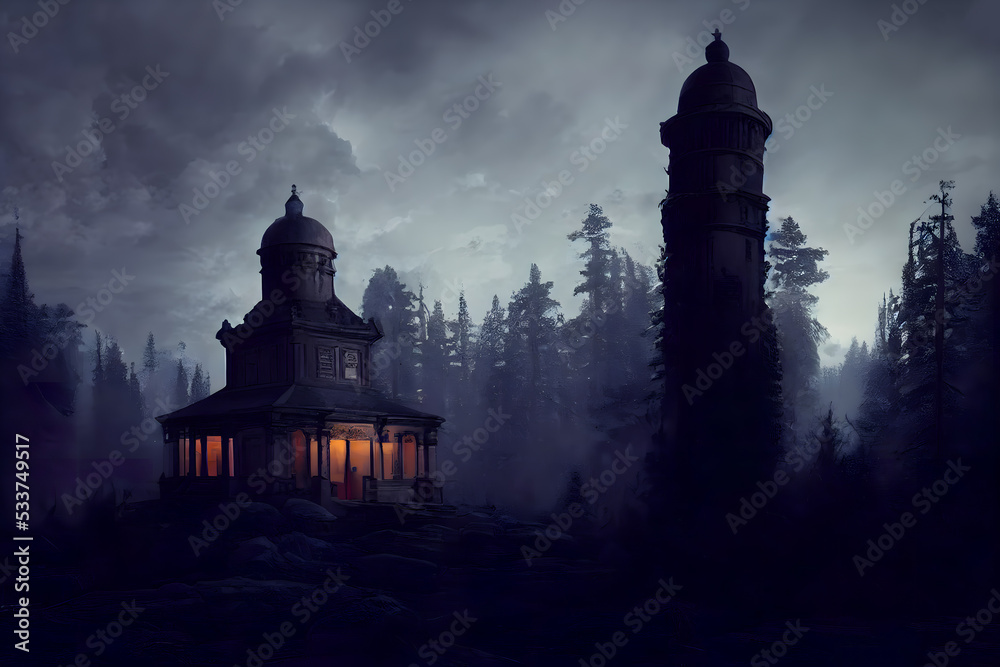 Fototapeta premium Dark and Moody Mausoleum Tower Concept Art Illustration