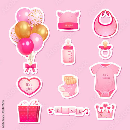 Vector stickers collection for gender party. It's a girl stickerpak. Cards for girl, little princess on pink background, gender reveal baby shower