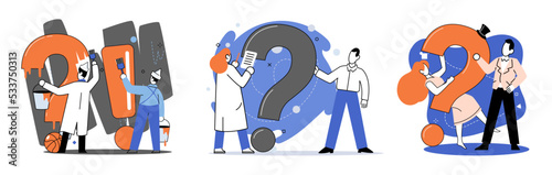 Question mark, obtaining information of interest. Problem and solution concept metaphor. FAQ help. Decision of information task, ask questions and receive answers, paint ladge sign decision of doubts