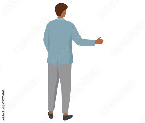 Young guy standing and talking isolated on white background. Man is looking at something behind him. Male character turned back. Person standing with outstretched hand, greet, businessman make gesture
