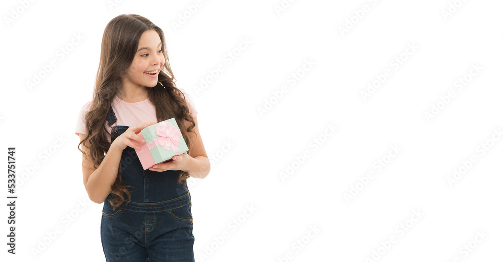 Happy girl holding present box studio. Teenage girl with gift box isolated on white Happy girl holding present box studio. Teenage girl with gift box isolated on white