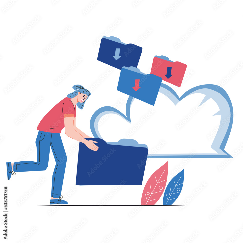 Cloud computing service and document management, online storage concept. Online system of workflow organization with cloud service, flat vector illustration isolated on white background.