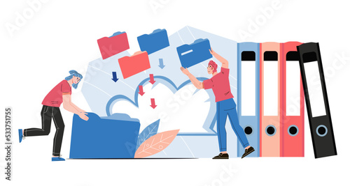 Document management of business documents and online paperwork storage, online digital system of workflow organization with cloud service, flat vector illustration isolated on white background.
