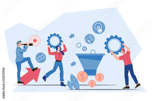 Business marketing team managers using sales funnel. Process of increasing sales and social media marketing, leads conversion and generating money concept, flat vector illustration on white.