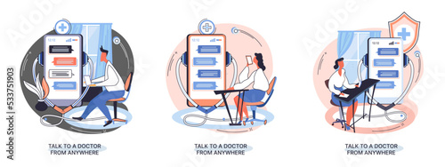 Online medical services mobile application consultation and prescription medicine professional doctor connecting and giving consultation for patient anywhere telemedicine metaphor, health care program