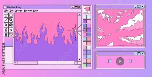 Retro user interface with graphic editor window box and icons. Y2K style collage in pastel colors.