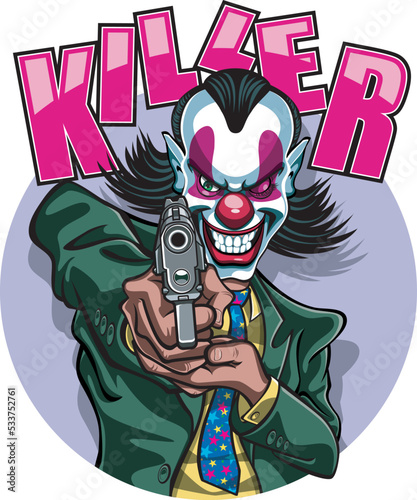 Cartoon style killer clown pointing and aiming automatic pistol