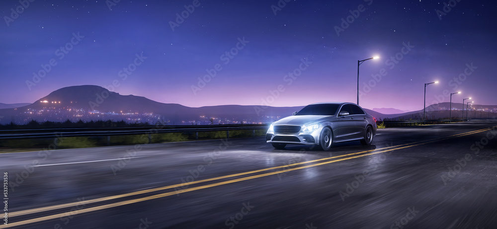 Generic car driving at night on a suburban highway with an city landscape and mountains in the background. 3d rendering