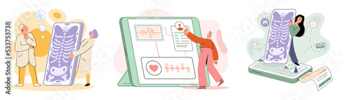 Online medical consultation and support metaphor. Online doctor. Healthcare services, Ask doctor. Tele medicine e-health service. Therapist videocalling phone screen. Diagnosis treatment of patients