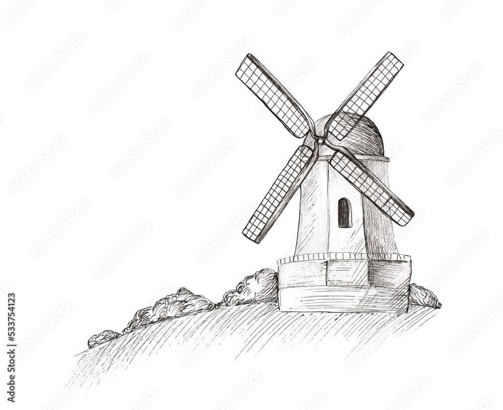 Rural landscape with windmill and fields. Hand drawn in engraving style.