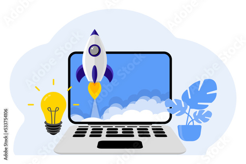 Business startup. Successful launching product with rocket concept. Creative ideas, entrepreneurial concept. Business project startup process idea through planning and strategy, time management