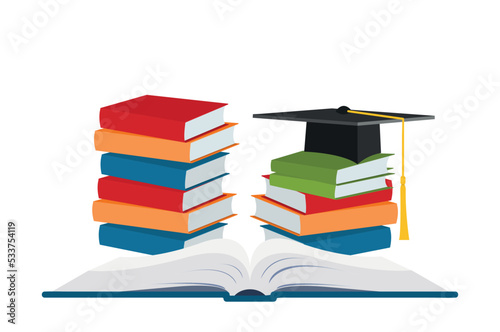 Black graduation cap on stack of books. Huge pile of books and encyclopedias, education and success concept. University library, academic and school knowledge. Education and graduation concept