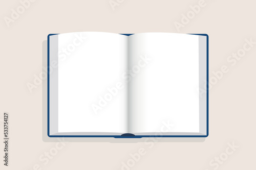 Opened book vector illustration, top view. Blank open book with white pages. Book, diary or notebook mockup with white paper blank pages