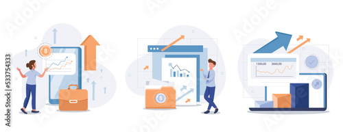Financial illustration set. Characters investing money in stock market. People analyzing financial graphs, latest stock market news and other data. Stock trading concept. Vector illustration.