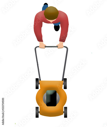 Fotografie A man mowing grass with a gasoline lawn mower is seen from above.