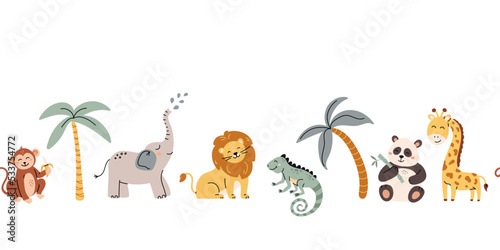 Tropical jungle seamless pattern. Zoo animals in line. Cute wild animals in a simple Scandinavian style. Nursery pastel palette is ideal for printing baby clothes, fabrics. Vector cartoon background © Valentina