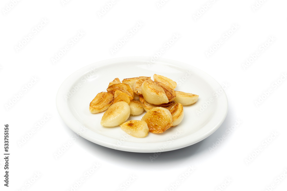 Fried Garlic Cloves Pile Isolated on White Background