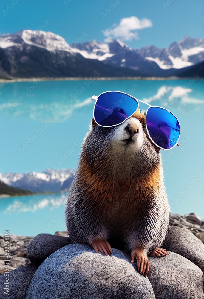 Alpine groundhog in sunglasses resting on the rocks in the sun. Groundhog  in nature. 3d rendering Stock Illustration | Adobe Stock