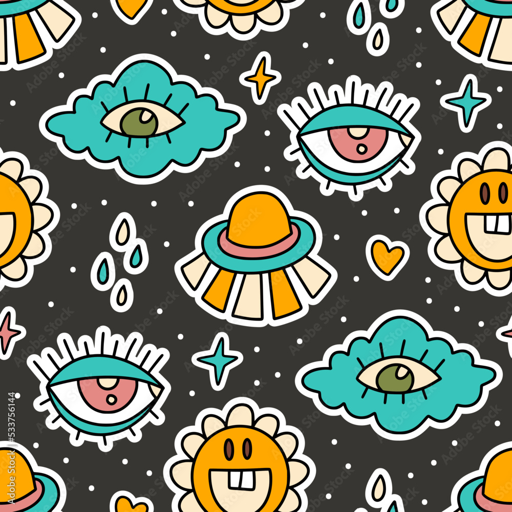 Cute cartoon groovy cloud, eye sticker vector seamless pattern. Hippie retro background illustration Cute cartoon groovy cloud, eye sticker vector seamless pattern. Hippie retro background illustration