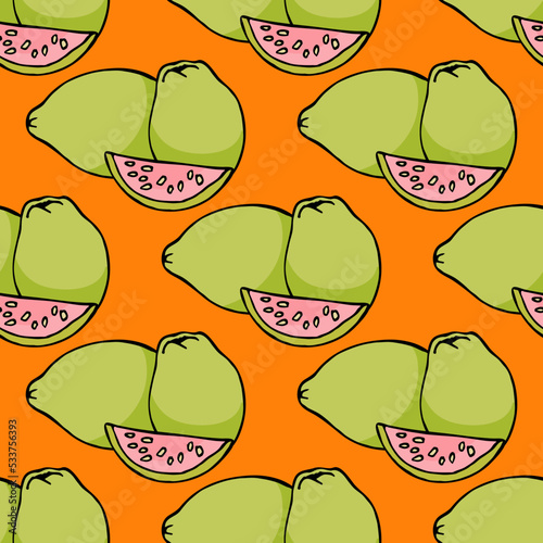 Seamless pattern with simple guava on orange background. Vector image.