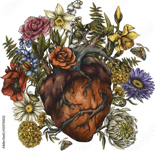 Vintage Floral Human Heart Illustration, Magic Flowers Green Witch