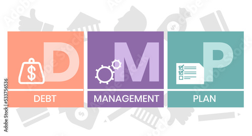 DMP - Debt Management Plan. acronym, business concept background. Vector illustration for website banner, marketing materials, business presentation, online