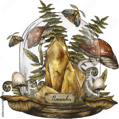 Vintage birthstones, Citrine gemstone, November magic illustration