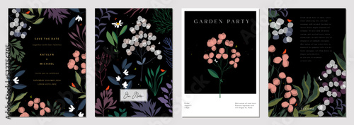 Moody floral templates. Universal and artistic with many decorative flowers, leaves and twigs. For invitation, flyer, business card, brochure, email header, post in social networks, advertising.