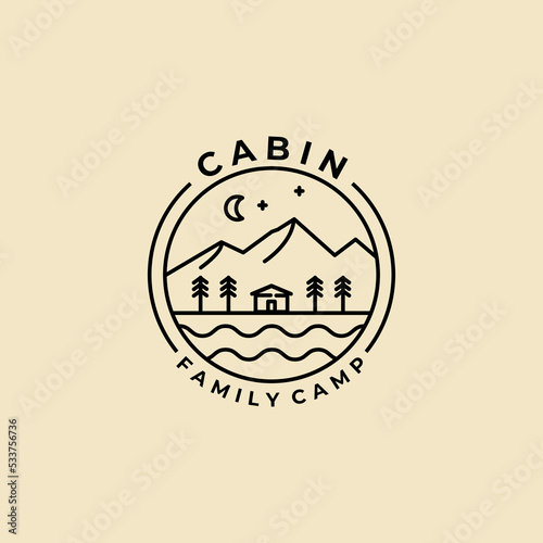 mountain cabin minimalist line art badge logo icon template vector illustration design