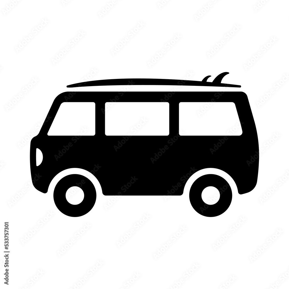 Minibus icon. Surf camper. Black silhouette. Side view. Vector simple flat graphic illustration. Isolated object on a white background. Isolate.