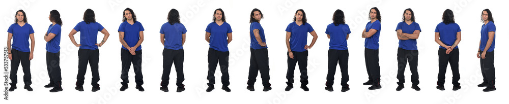 line of large group of same man various poses with sportswear on white background line of large group of same man various poses with sportswear on white background