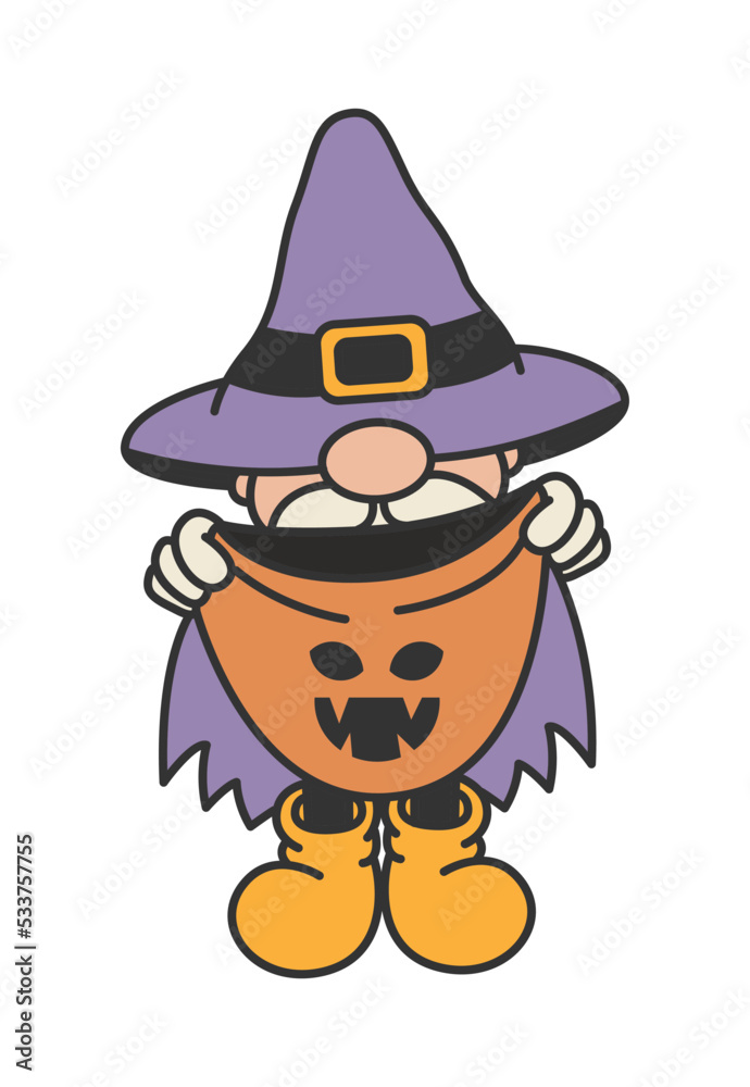Halloween Gnome with candy bag. Vector design on isolated background. Cartoon style. For print and web.