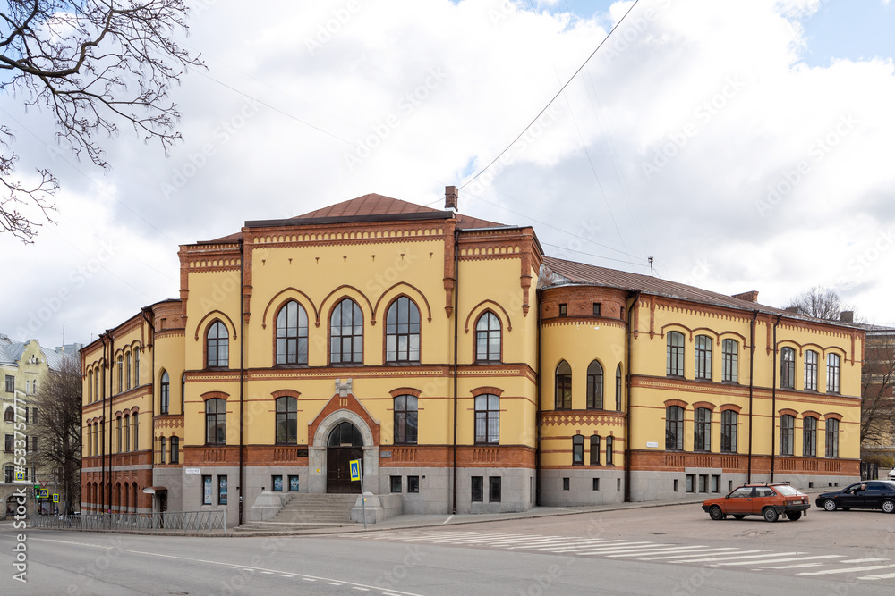 Vyborg, Russia - April 29, 2022: The building of the former Finnish women's gymnasium