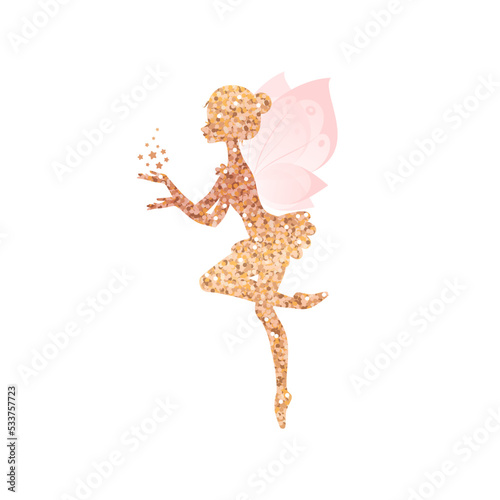 Gold sparkling fairy silhouette. Illustration of a ballet dancing fairy in the cartoon style isolated on a white background. Vector 10 EPS.