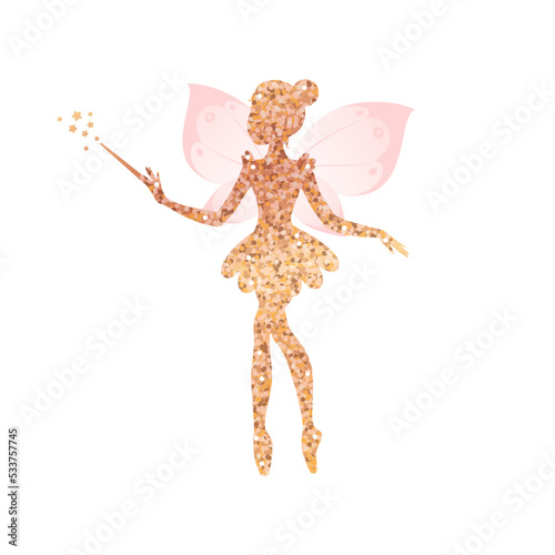 Gold sparkling fairy silhouette. Illustration of a ballet dancing fairy in the cartoon style isolated on a white background. Vector 10 EPS.