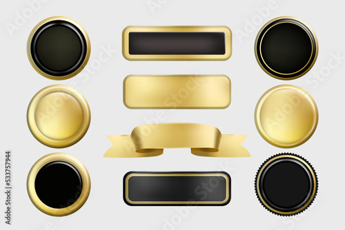 Gold foil texture 3d buttons set. Vector stamp golden elegant shiny metallic vector collection