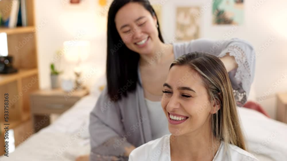 Friends, brush hair and women in bedroom get ready for bed, girls night out or special event. Happy, smile and girlfriends grooming at sleepover at home. Asian girl and friend talk in pajamas on bed. Friends, brush hair and women in bedroom get ready for bed, girls night out or special event. Happy, smile and girlfriends grooming at sleepover at home. Asian girl and friend talk in pajamas on bed.