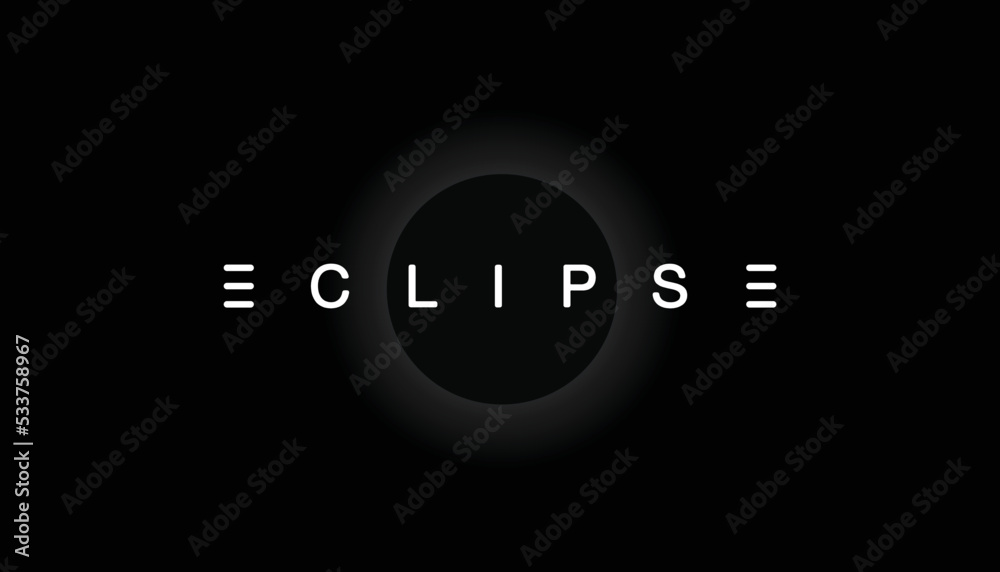 Solar eclipse astrology logo. Minimalist background with typography, shining glowing circle. Graphics resource for advertising, science, logo, icon, natural events, concept and other. Vector.