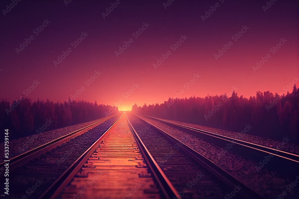 railroad tracks at sunset, railroad. 3d render, Raster illustration.