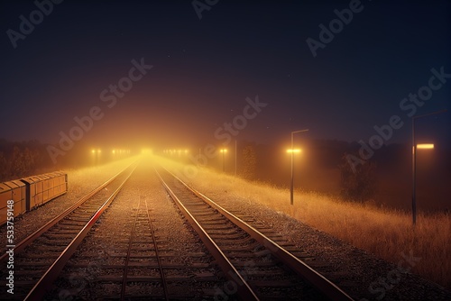 railroad tracks at sunset, railroad. 3d render, Raster illustration.