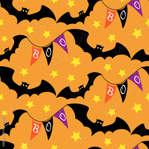 Halloween seamless pattern with scary Boo flags and stars on orange background. Hand drawn vector illustration for Halloween party decoration, scrapbooking, textile, wall paper, greeting card design. 