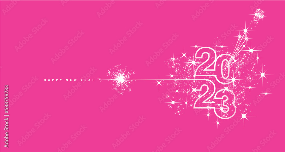 New Year 2023 line design typography fireworks champagne white leni pink background vector greeting card New Year 2023 line design typography fireworks champagne white leni pink background vector greeting card