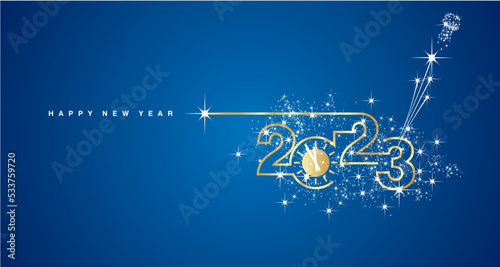 2023 Happy New Year clock countdown line design shining champagne sparkle light firework golden white blue banner vector