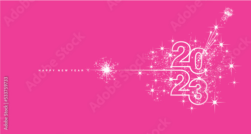 New Year 2023 line design typography fireworks champagne white leni pink background vector greeting card