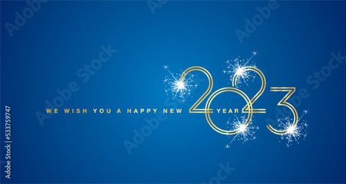 We wish You a Happy New Year 2023 gold double line design numbers with white sparkle firework blue background greeting card