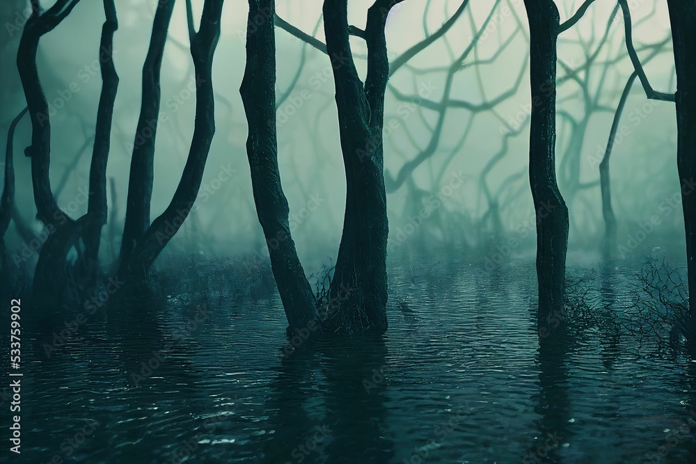 Dark and misty forest trees in the water with a green light - obrazy, fototapety, plakaty 