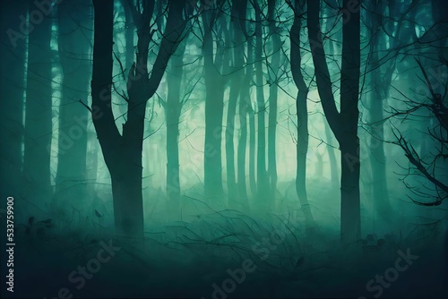 Dark and misty forest trees with a green light