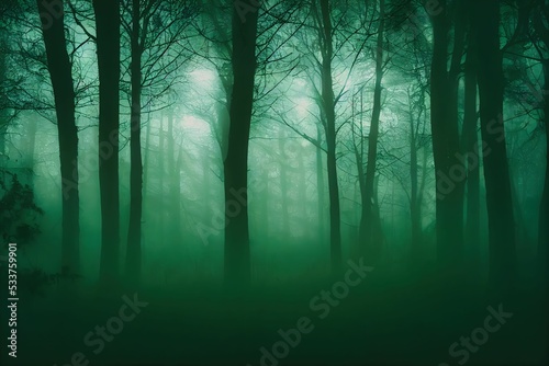 Dark and misty forest trees with a green light